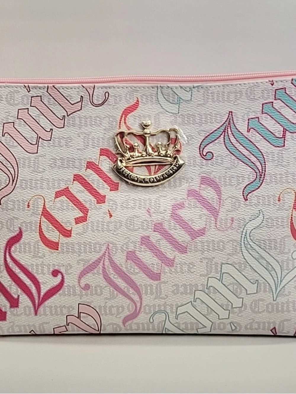 NWT Juicy Couture Pastel Script Cosmetic Pouch with Gold Crown Accent